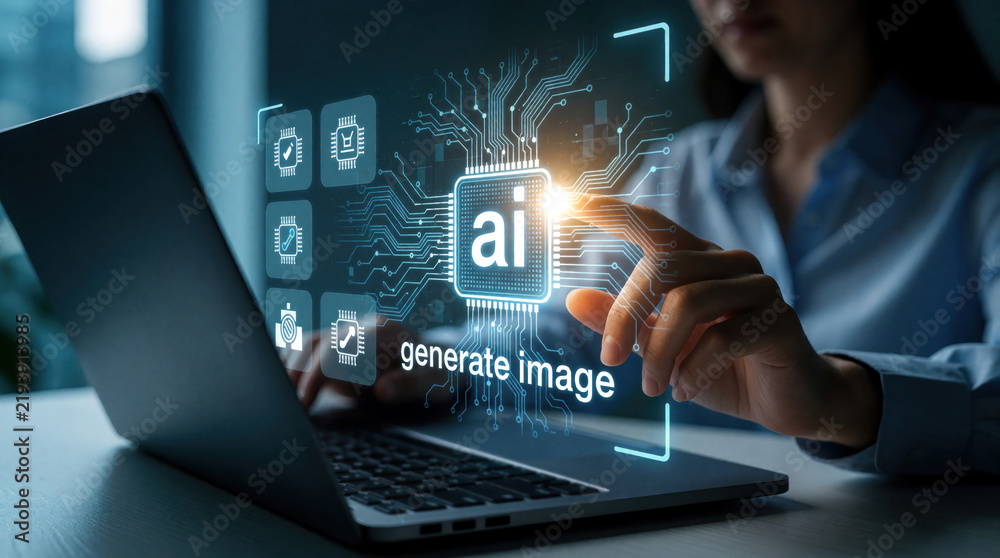Obraz premium Person uses AI tool on laptop to generate image with digital interface. Computer program creates art, processing data with neural network and circuits.