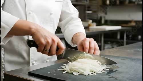 요리사가 주방 도마 위에서 칼로 신선한 양파를 채 썰고 있는 조리 과정 컷
Cooking process cut of a chef slicing fresh onions with a knife on a kitchen cutting board