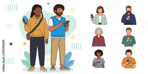 Diverse people interacting with mobile devices during a casual outdoor gathering with abstract decorative elements