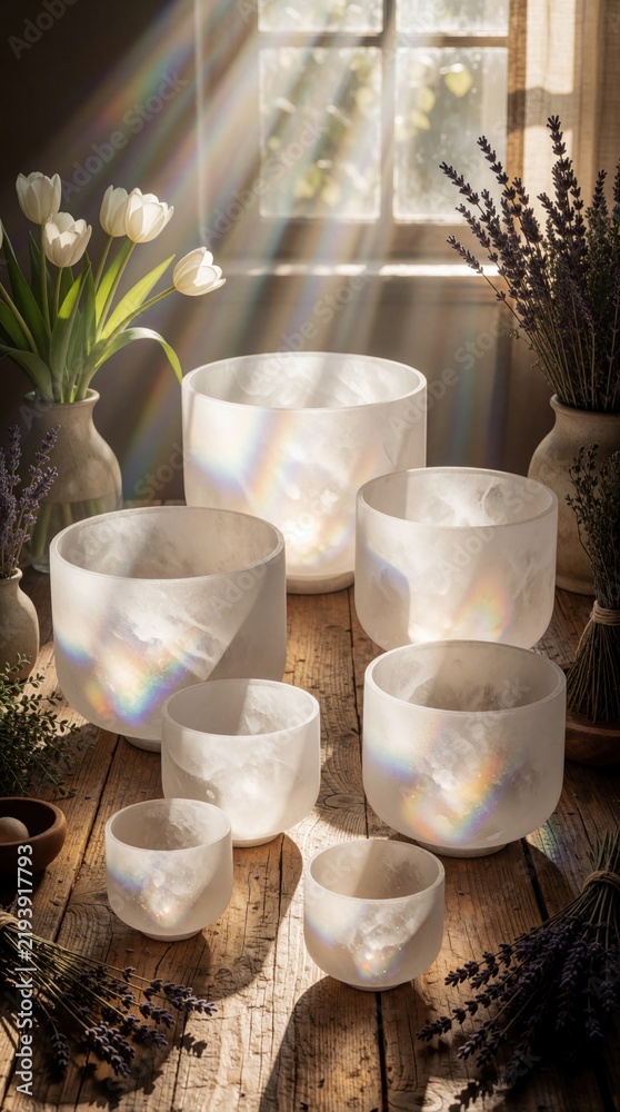 Obraz premium Set of frosted quartz crystal singing bowls on wooden table. Sunlight shines through window creating rainbow light leaks. White tulips, dried lavender decorate cozy interior. Zen sound healing
