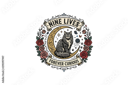 Vintage front view vector illustration of a mystic cat sitting on a crescent moon with roses, isolated on white.