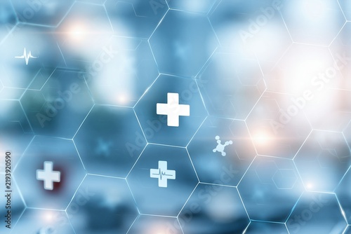 Medical symbols on hexagonal grid background