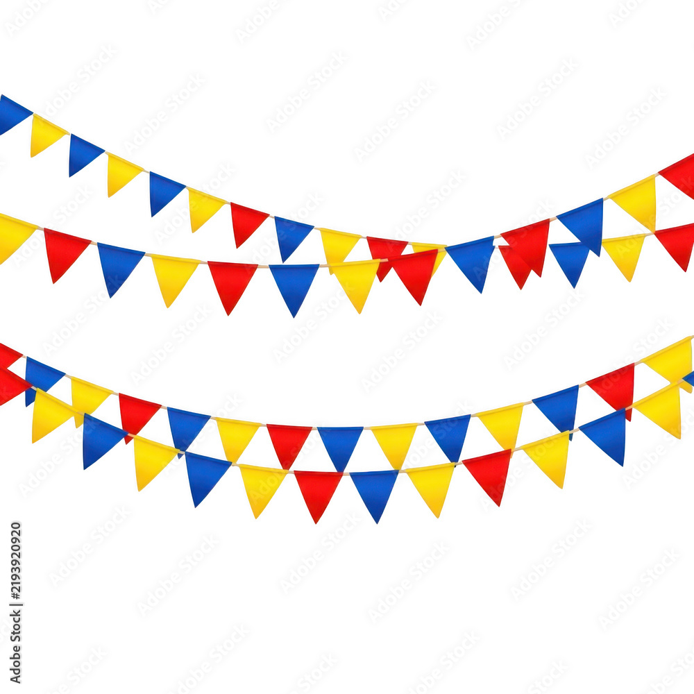 Obraz premium Colorful party bunting flags in red blue and yellow hanging for celebration