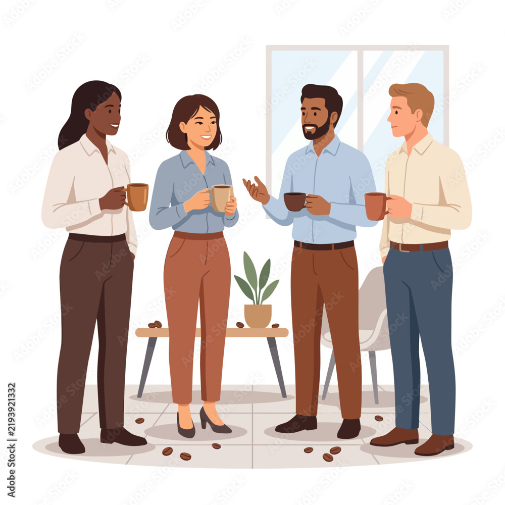Obraz premium Diverse colleagues enjoying coffee break, office discussion, teamwork, casual meeting