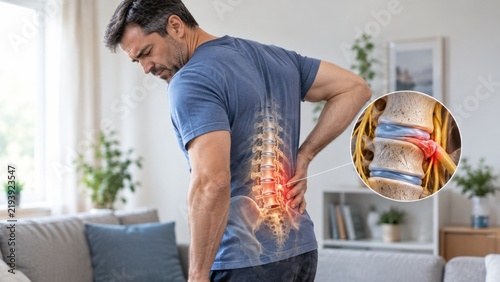 Middle aged man holding painful lower back region with highlighted herniated disc illustration for medical health.