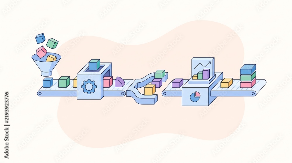 Naklejka premium Isometric Data Processing Pipeline and Analytics Illustration