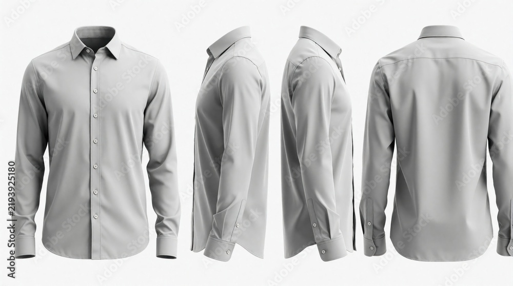 Obraz premium Light grey long sleeve button up shirt mockup shown from front side and back. Versatile apparel for business or casual wear. Clean background for easy graphic design integration and custom edits.