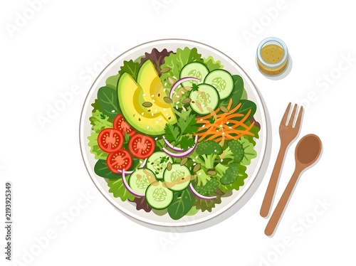 Vegetable Salad Bowl with Avocado Cucumber and Wooden Utensils