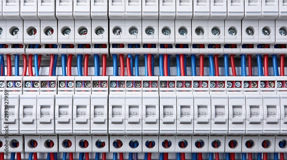 Fototapeta premium Close up view of electrical circuit breakers and