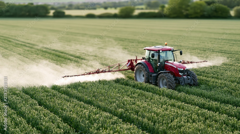 Fototapeta premium Red tractor spraying crops in green field