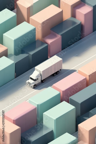 A white delivery truck driving through a maze of colorful pastel blocks representing an abstract city landscape for logistics and transportation concepts