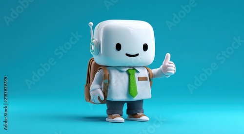 Charming 3d character with backpack and water bottle giving a thumbs up on a vibrant blue background