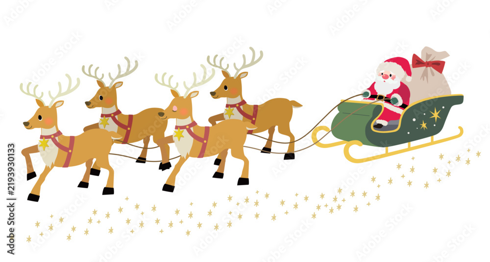 Fototapeta premium キラキラした手描きの星とソリに乗ったサンタクロースのクリスマスのイラスト素材