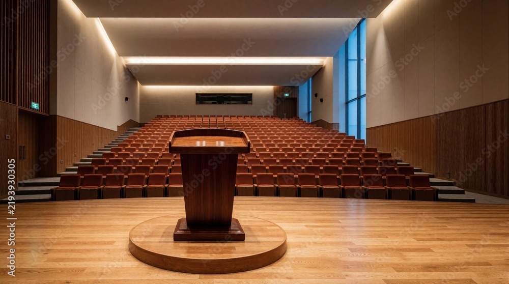 Obraz premium Empty modern auditorium with tiered seating and a wooden podium ready for presentation or speech. Architectural lighting illuminates the refined interior space.