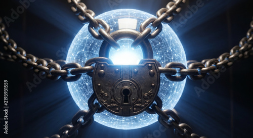 An ethereal glowing sphere encased by heavy, interlocking chains and a prominent, ornate padlock, representing digital security, encrypted access, and protected information systems