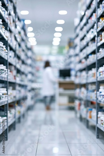 Blurred pharmacist working behind pharmacy counter shelves