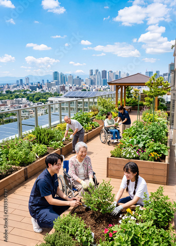 青空の屋上庭園で植物を育てる未来の福祉施設