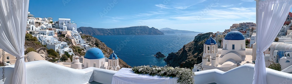 Fototapeta premium Breathtaking caldera view with blue domes and white