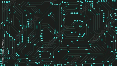 A futuristic digital circuit board (PCB) background featuring technological lines and glowing cyan data points set against a dark backdrop.