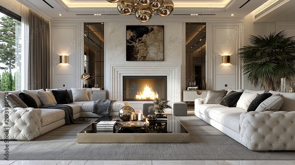 Obraz premium Luxurious living room with fireplace and modern decor