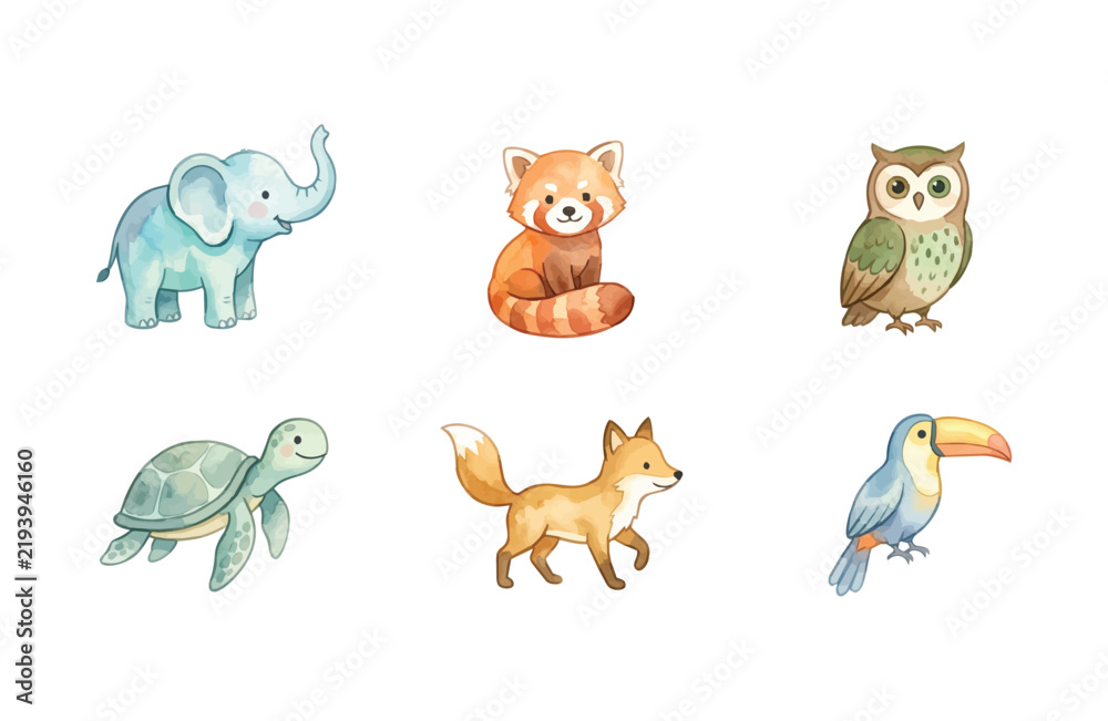 Fototapeta premium Watercolor cute animal icon set for world animal day