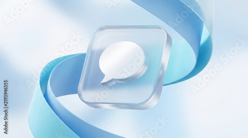 3D glassmorphism chat icon with white message bubble and blue flowing ribbons, capturing digital communication and social connectivity for software interface and mobile app design.