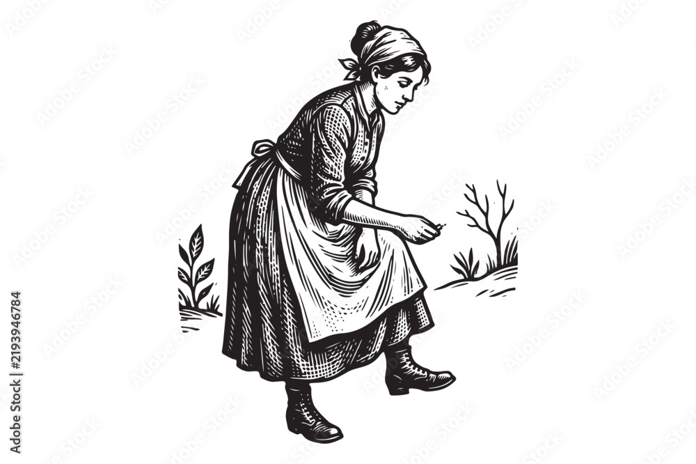 Obraz premium Vintage etching illustration of a woman in an apron working in a garden with domestic