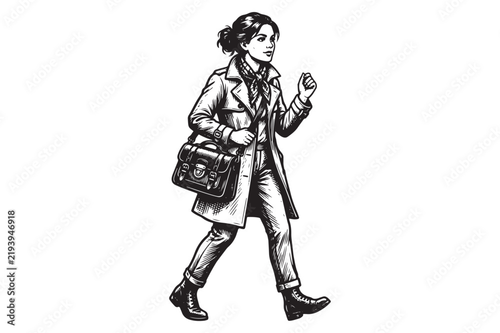 Fototapeta premium Woman walking with shoulder bag wearing a trench coat in ink drawing style