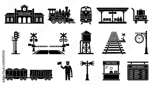 Train Station and Railroad Transport Glyph Icons Set. Railway, Locomotive  Ticket Office Solid Black Symbols.