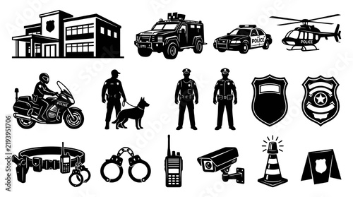 Law Enforcement Police Icons Set. Black and White Glyph Style Security and Public Safety Symbols Collection.
