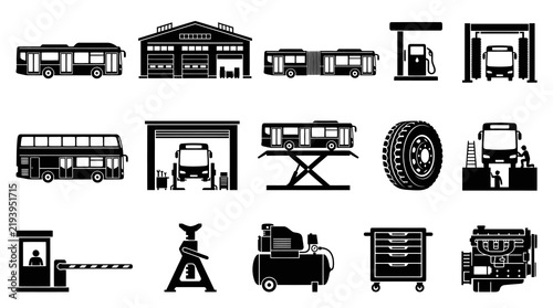 Black and White Icons of Automotive Service, Buses, Garage, and Equipment