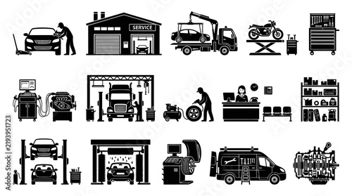 Black and White Automotive Service Icons - Car Repair, Garage, Tow Truck, Engine, Motorcycle