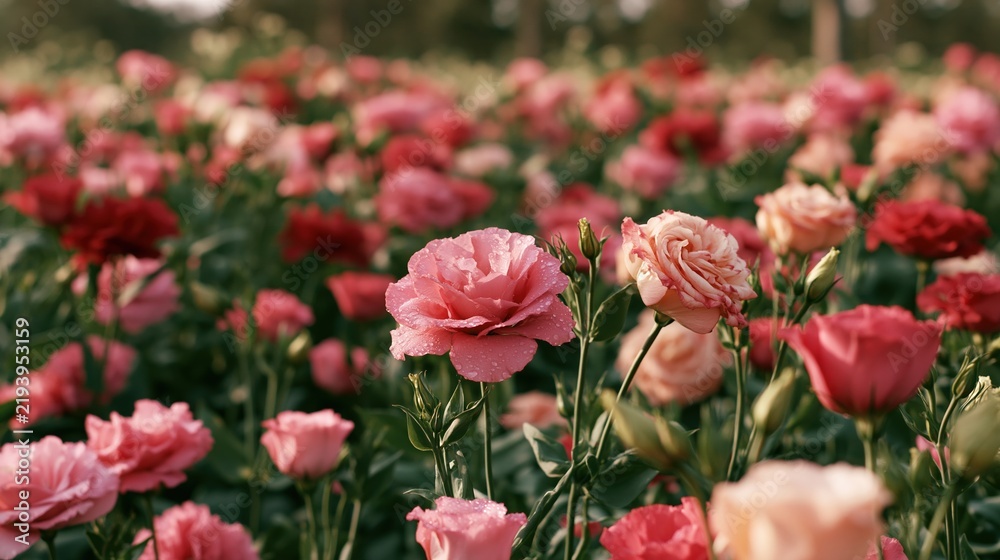 Obraz premium Pink roses bloom in a field with water