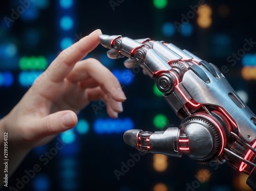 A human hand gently touches a metallic robotic hand with glowing red accents against a blurred background artificiality automation bionics