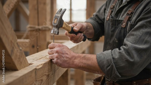 Carpenter hands using steel hammer to drive nail into thick wooden beam during traditional timber frame house construction project.