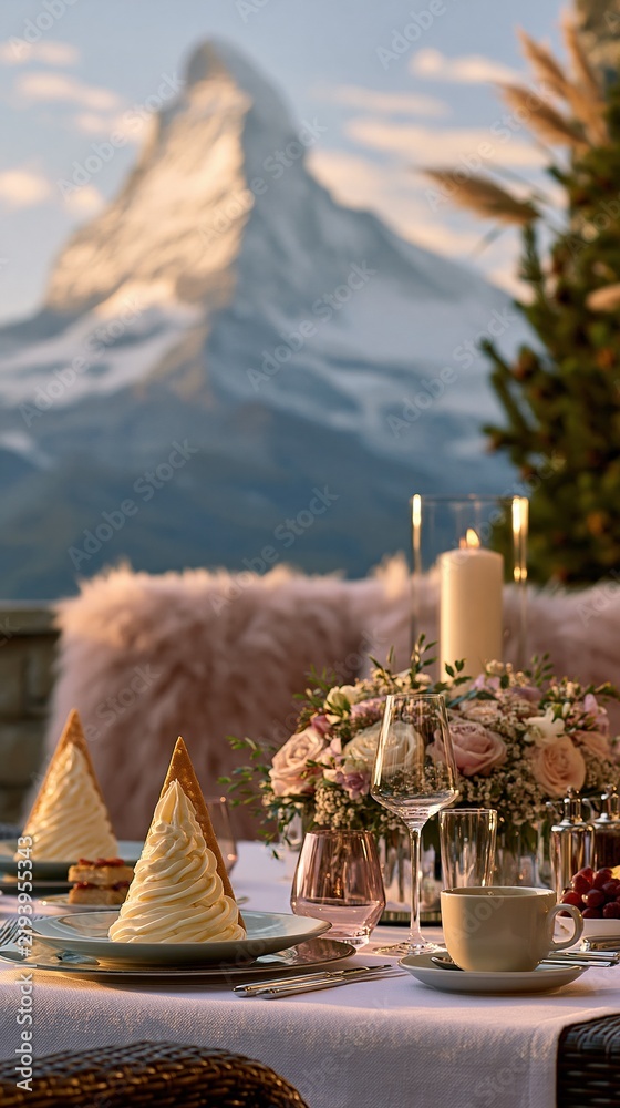 Fototapeta premium Luxurious mountain dining table set with flowers and