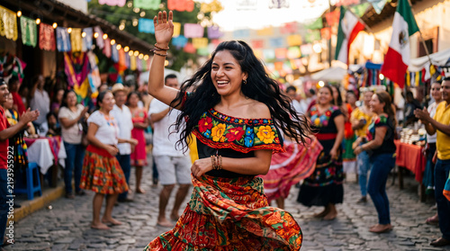 Smiling Mexican woman in traditional floral dress dancing on street during festive celebration