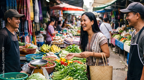 Asian woman laughs happily with friendly vendors at a traditional street market with fresh produce