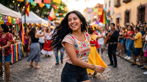 Joyful latina woman dancing in traditional embroidered blouse during colorful street festival celebration