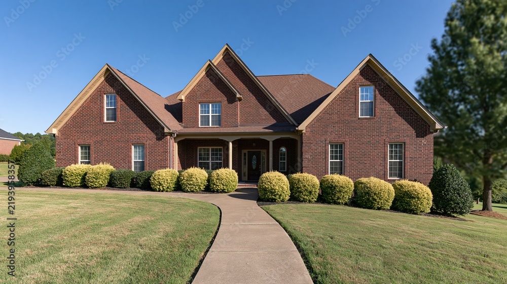 Obraz premium Brick suburban house with manicured landscaping under blue