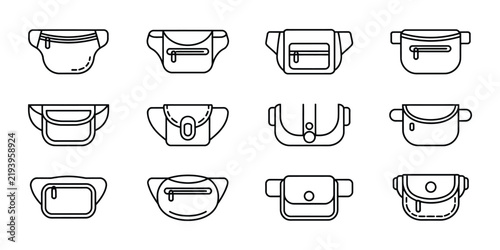 Waist bag icons, set of outline belt bags, travel accessories, fashion storage pouches, wearable handbags, compact utility accessories, vector graphic