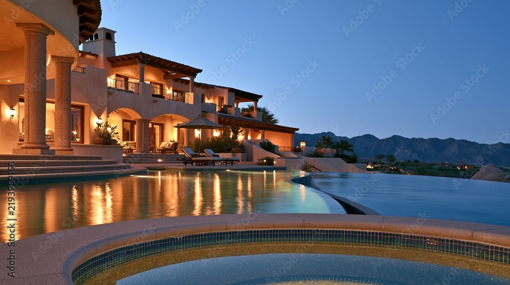 Obraz premium Luxurious villa with pool at twilight