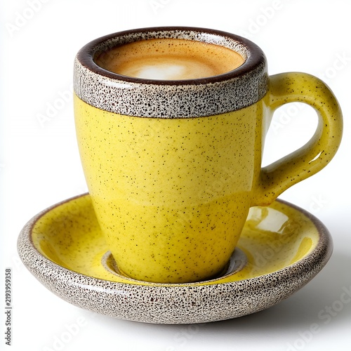Macchiato in Yellow Speckled Cup on White Background