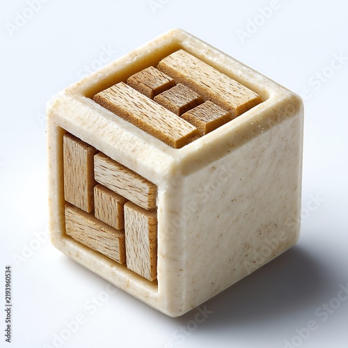 Off White Cube with Embedded Light Brown Wooden Geometric Pattern