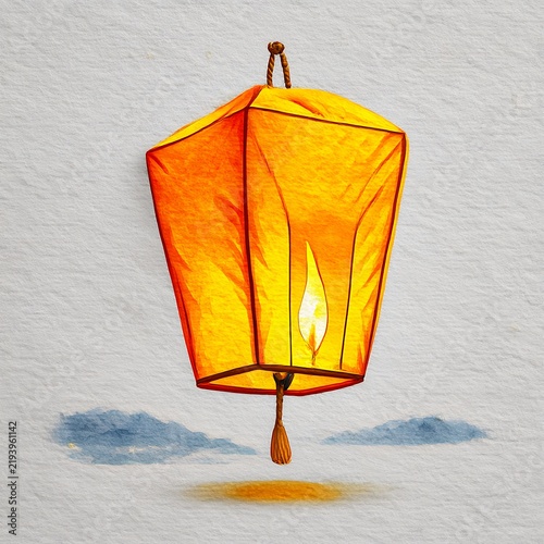 Orange Sky Lantern Floating Against Gray Textured Background