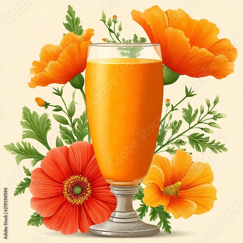 Orange Smoothie with Poppies Vibrant Floral Still Life