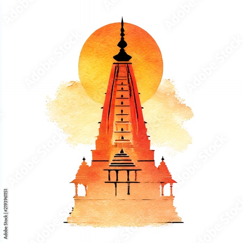 Orange Temple Silhouette at Sunset Watercolor Painting