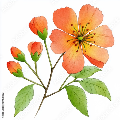 Orange Watercolor Flower Blossom with Green Leaves on White