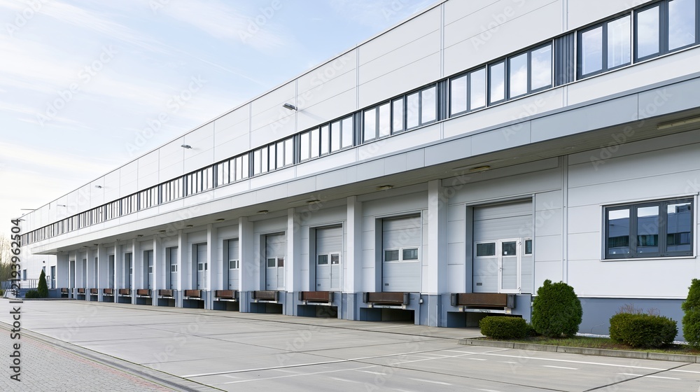 Obraz premium Empty loading docks at large industrial warehouse building