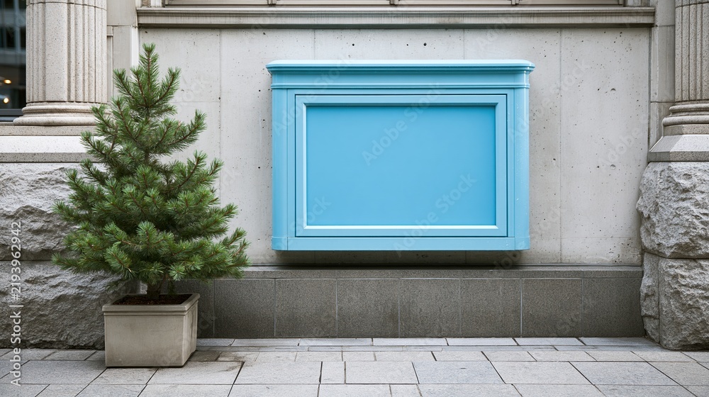 Obraz premium Blue wooden signboard mounted on stone building wall